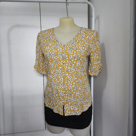 Aus12 Jacqui E Yellow White Floral Front Button Up Short Sleeve Blouse - Picture 6 of 16
